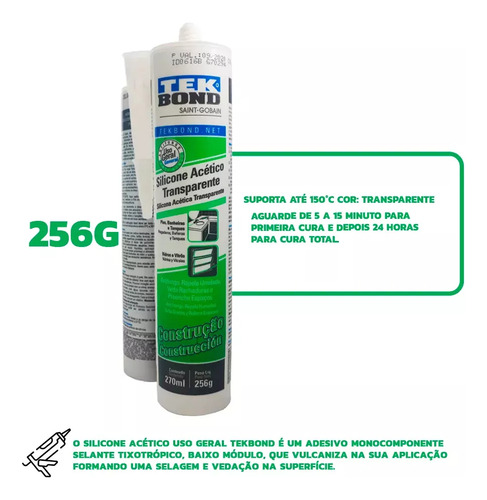 Cola ADESIVO DE SILICONE ACÉTICO CONSTRUÇÃO USO GERAL Tekbond Repele Umidade Veda Rachaduras de 256g - Transparente