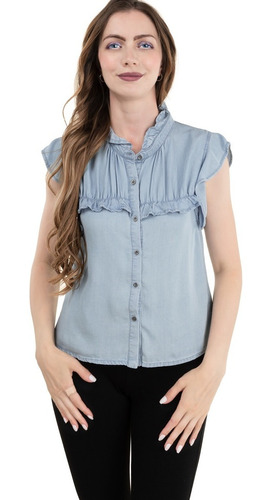 Blusa Vestir Denim Ligero Drapeado Holan Fresca Botones.