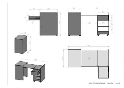 Imagen 5 de 5 de Escritorio Con Cajones Mesa Plegable Multiuso 5004- Helsinky