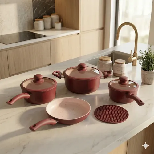 JOGO PANELA CERAMICA ANTIADERENTE 5Pç TAMPA SILICONE INDUçAO VERMELHO