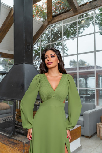 Vestido Em Mousseline Com Mangas
