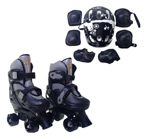 Patins 4 Rodas Preto Com Kit De Proteção Elite Tamanho:36/39