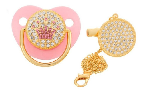 Chupon Bebe De Lujo, Rey O Reina, Diseño Vip Con Clip Color Rosa/Oro/Diamante