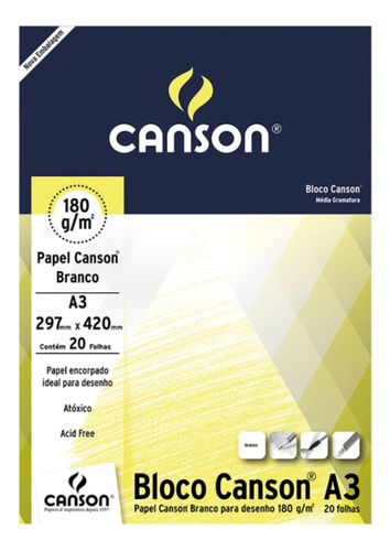 Bloco Papel Canson Desenho Branco A3 180g 20 Folhas