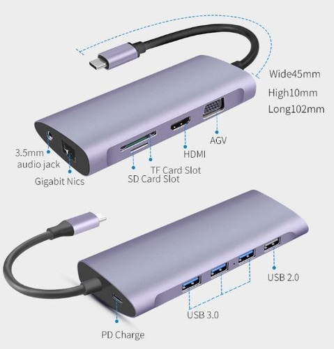 Imagen 3 de 7 de Hub Usb Tipo C, 11 En 1, Para Mac / Windows