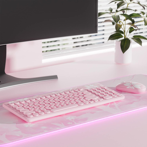 Combo Teclado Mouse Inalámbricos Mytrix Sakura Teclas Redond Rosa.