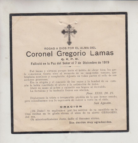 1919 Tarjeta De Oracion Por Muerte De Coronel Gregorio Lamas