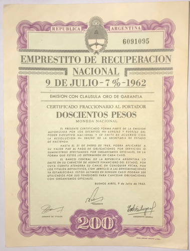 Empréstito De Recuperación Nacional 9 De Julio 