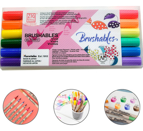 Caneta Zig Brushables Kuretake Dupla C/6 Cores Vivid Cor da tinta 6 Cores