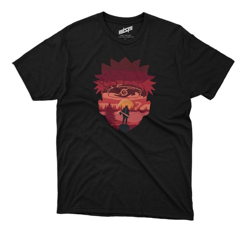 Remera Anime Naruto Rostro Con Paisaje Algodon Negra