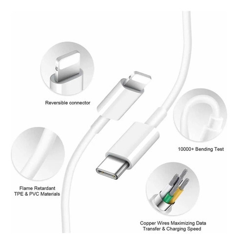 Genérica Cable fuente compatible para Iphone 13, 14, USB-C, 20 W, color blanco