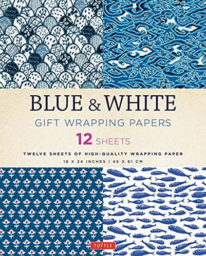 Papel De Regalo Blanco Y Azul: 12 Hojas De Papel
