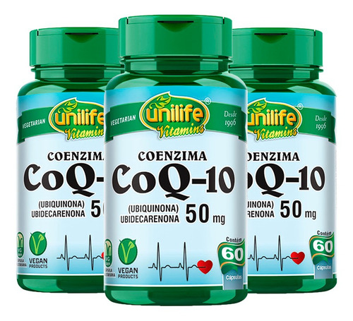 Kit 3 Coenzima Coq-10 - 50 Mg Unilife 60 Capsulas Veganas Sabor Sem sabor