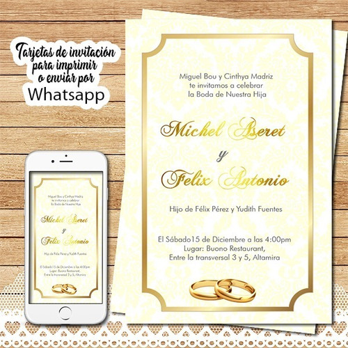 Tarjeta Bodas Invitación Digita Dorado Matrimonio Casamiento