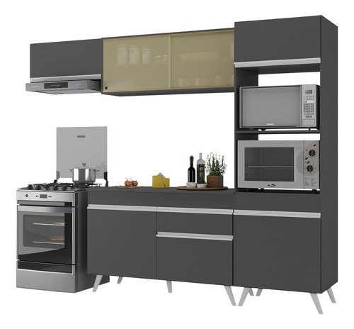 Armário De Cozinha Compacta 252cm Veneza Multimóveis V3691 Cor Preto/Branco