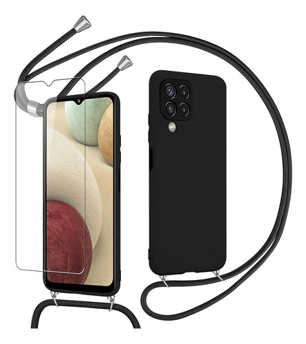 Funda Silicona Para Galaxy A12/m12 Con Cordón Ajustable+mica