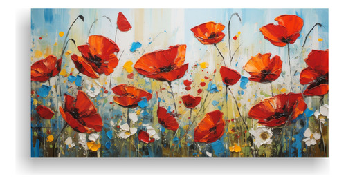 80x40cm Cuadro Vintage Con Amapolas En Lienzo Bastidor Mader