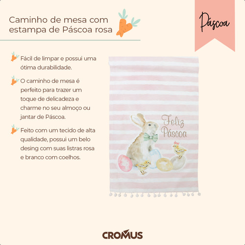 Toalha Caminho de Mesa Rosa e Branco Coelhinho 33x180cm