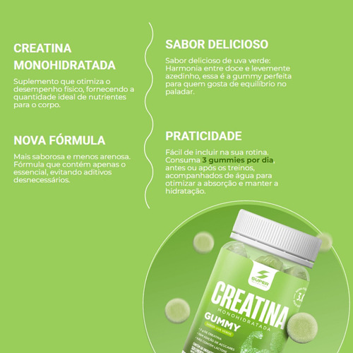 Kit 03 Super Gummy Creatina Sabores -morango-uva Verde-amora
