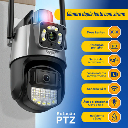 Câmera De Segurança Ip Hw Ptz 2 Lentes Wi-fi Com Sirene, Visão Noturna Colorida, Áudio Bidirecional, Rastreamento Automático E Zoom Digital