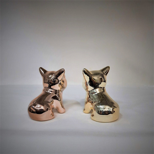 Estátua Cachorro Escultura Porcelana Metalizada Kit Com 2