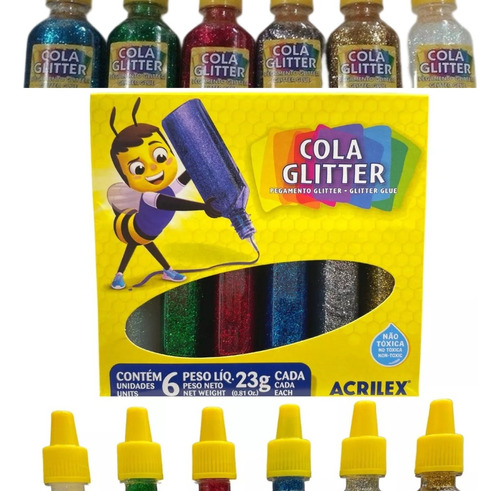 Cola Colorida 6 Cores Artesanato 23g Acrilex Com Glitter Cor Arco-iris