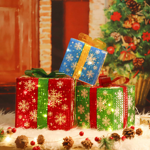 Caja Decorativa Navideña Luminosa De Hierro P, 3 Unidades, S