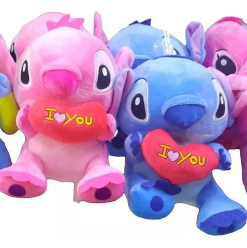 2x1 Peluches Angel Y Stitch Con Corazón I Love You 20 Cm Azul Y Rosa