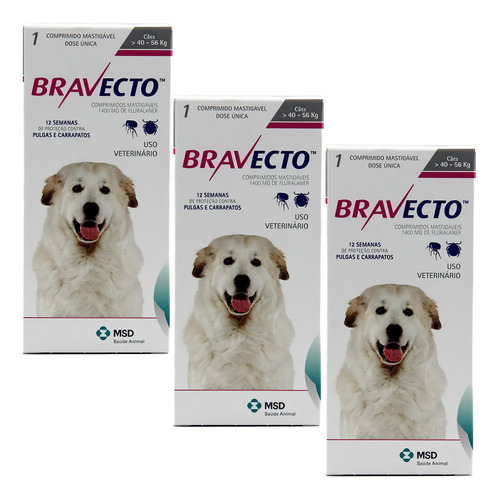 Kit antipulgas y garrapatas Bravecto, 1400 mg, 40 a 56 kg, 3 unidades