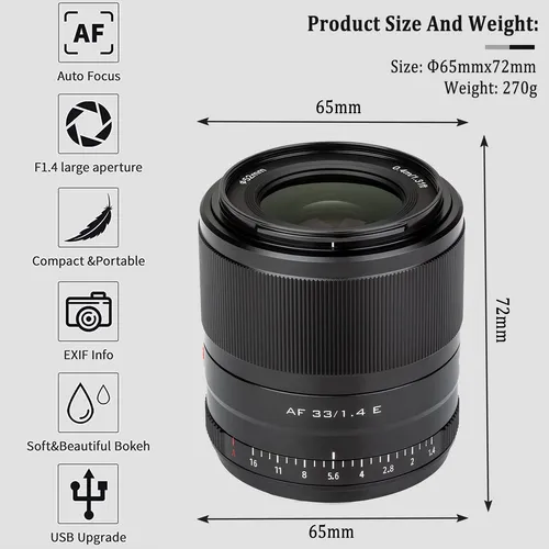 Lente Viltrox 33 Mm F/1.4 F1.4 F1.4 Con Montura E Aps-c Para Cámara Sony A6500 A6300 A6000 A6400 A6100 A5100 A6100 A6600
