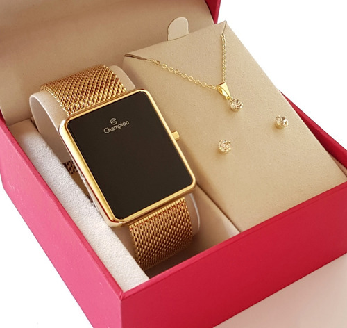 Relógio Champion Feminino Dourado Luxo + Colar E Brincos 18k