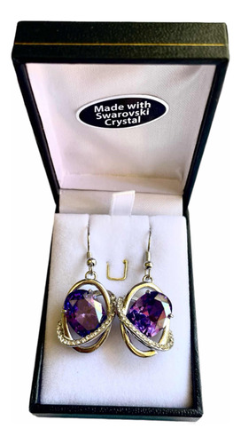 Aros Swarovski Amethyst Brava Enchape Oro Blanco Fiesta Lujo