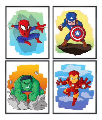 Set De 4 Posters Marvel Para Decoracion Infantil