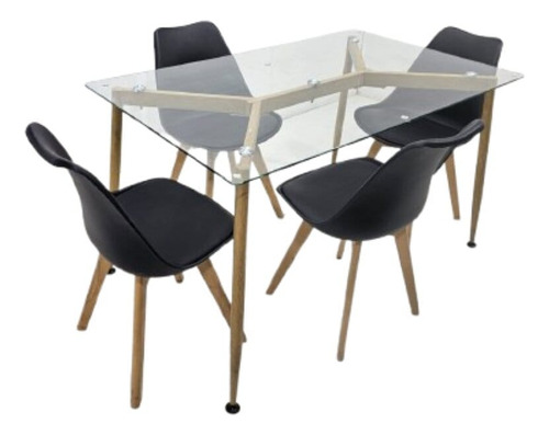Comedor Rectangular De Vidrio + 4 Silla Tulip Negras
