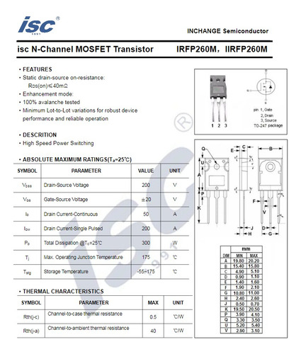 Irfp260m Mosfet Canal-n 200v 50a To-247 (kit Com 4 Peças)