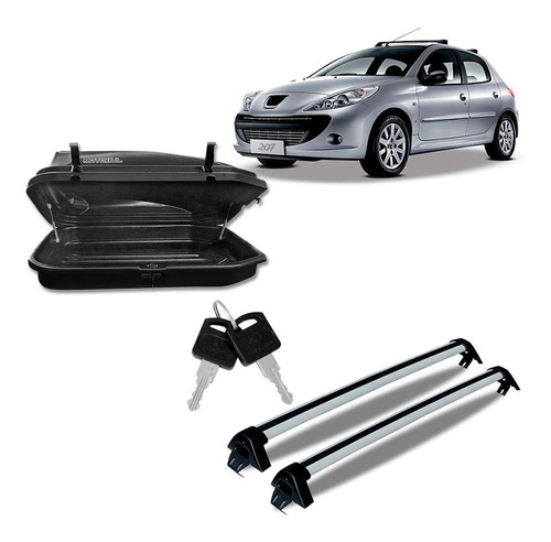 Kit Rack Alumínio Peugeot 207 Prata + Maleiro 270 L Preto