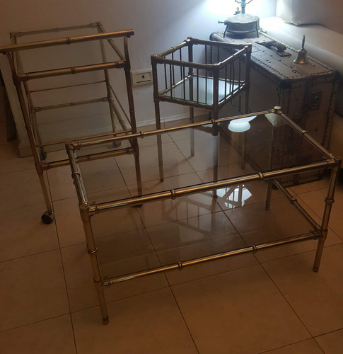 Antigua Mesa Carro Bar Auxiliar Bronce Doble Plano Vidrio (Usado)
