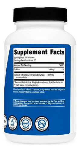 Suplemento Hmb 1000mg De Calcio 120 Cápsulas Nutricost Sabor Sin Sabor