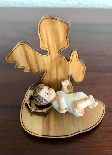 Niño Dios Con Angel De Madera De Olivo, Italiano