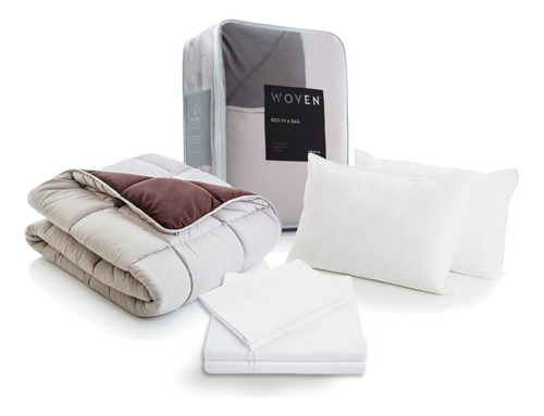 Set 7 Pz King Size Edredón Con Sábanas Y Fundas Premium Marrón Liso