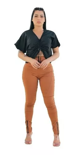 Calça Legging Jogger Preta Crepe Tipo Moletom Listra Feminina Moda Cintura  Alta .