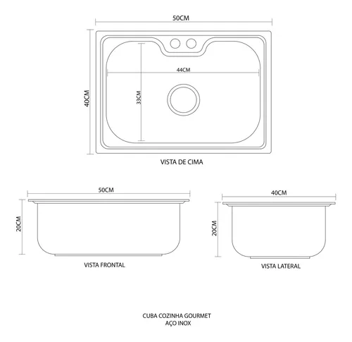 Cuba para Cozinha Gourmet Pia Aço Inox com Acessórios Nawa 50 cm e