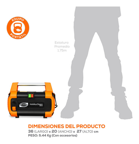 Hidrolavadora Hobby Clean Evans 1.6kw 1900psi 120v 2hp 6lpm Color Naranja Frecuencia 60hz