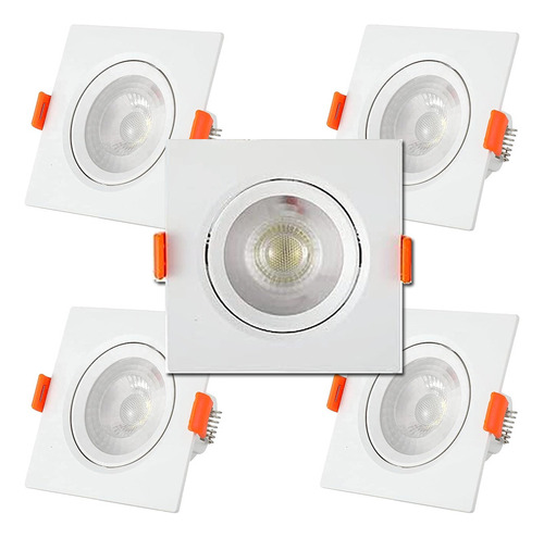 Kit C/5 Spot Led Quadrado Embutir 5w Branco Frio 6500k Dubai