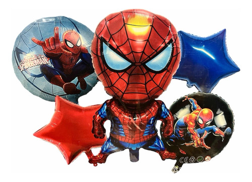 Set 5 Pcs Globo Metálico Decorativo Spiderman Hombre Araña