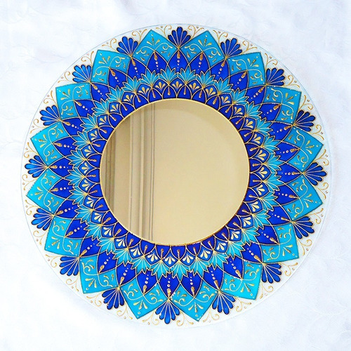 Mandala Azul E Dourada Em Vidro De 50cm E Espelho De 24cm