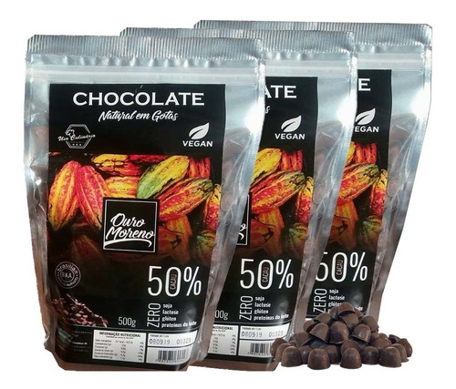 Kit 3 Chocolate 50% Gotas 500g Sem Lactose/gluten/soja