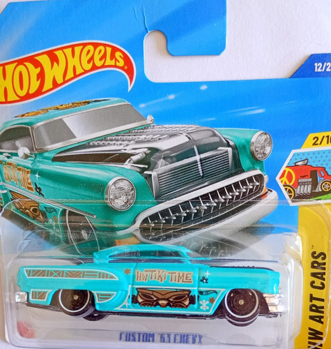 Auto Hot Wheels Español Custom 53 Chevy Esc 1/64 Nuevo Rdf1 Turquesa Ploteado Con Capot Transparente Y Vidrios Negros