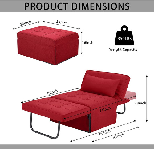 Sofa Cama Plegable 4 En 1 Respaldo Ajust Color Rojo Bigsyy
