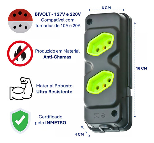 Tomada Barra C/ 2 Tomadas Dupla Robust 20a Resistente Fiolux